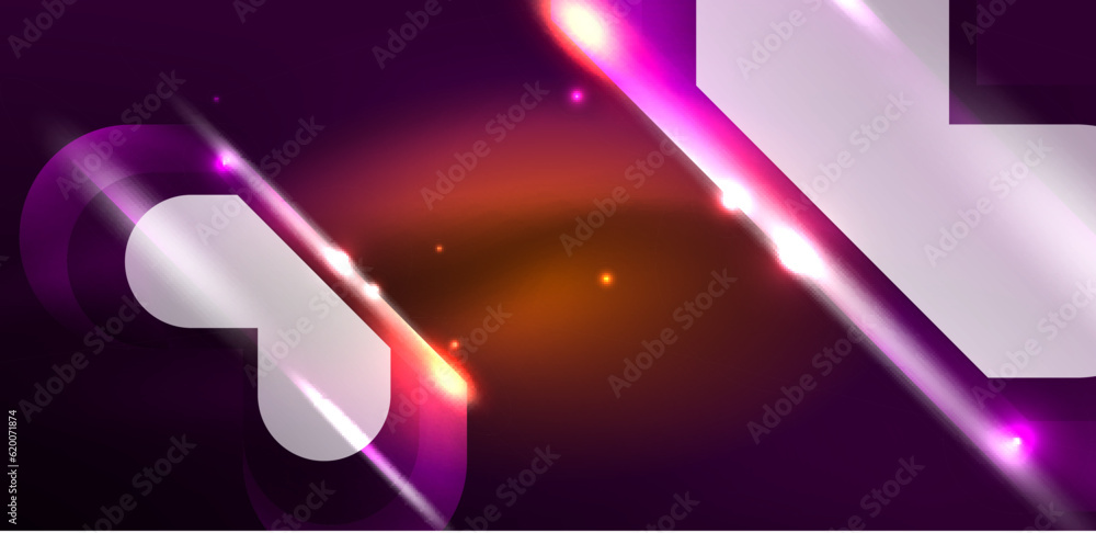 Neon glowing geometric shapes vector abstract background. Round elements, light effects and glass glossy style with color backdrop. Space cosmic or magic energy wallpaper