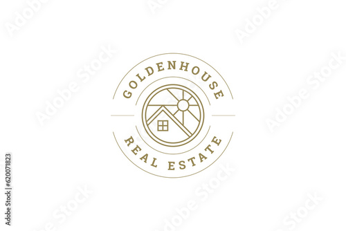 Real estate agency property rent sell countryside house sun golden line logo design template vector