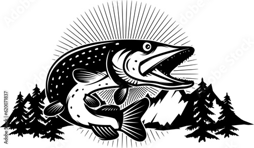 Pike fishing emblem in monochrome style. Pike fish isolated on white background