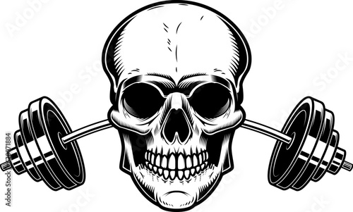 Skull with crossed gym barbells. Gym consept. Design element for logo, label, sign, poster.