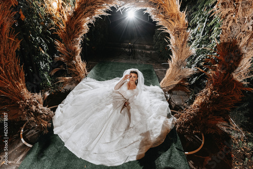 Portrait of the bride. The bride is sitting against the background of an arch made of ears of corn. Long train of the dress. Voluminous veil. Crystal jewelry. Rustic style