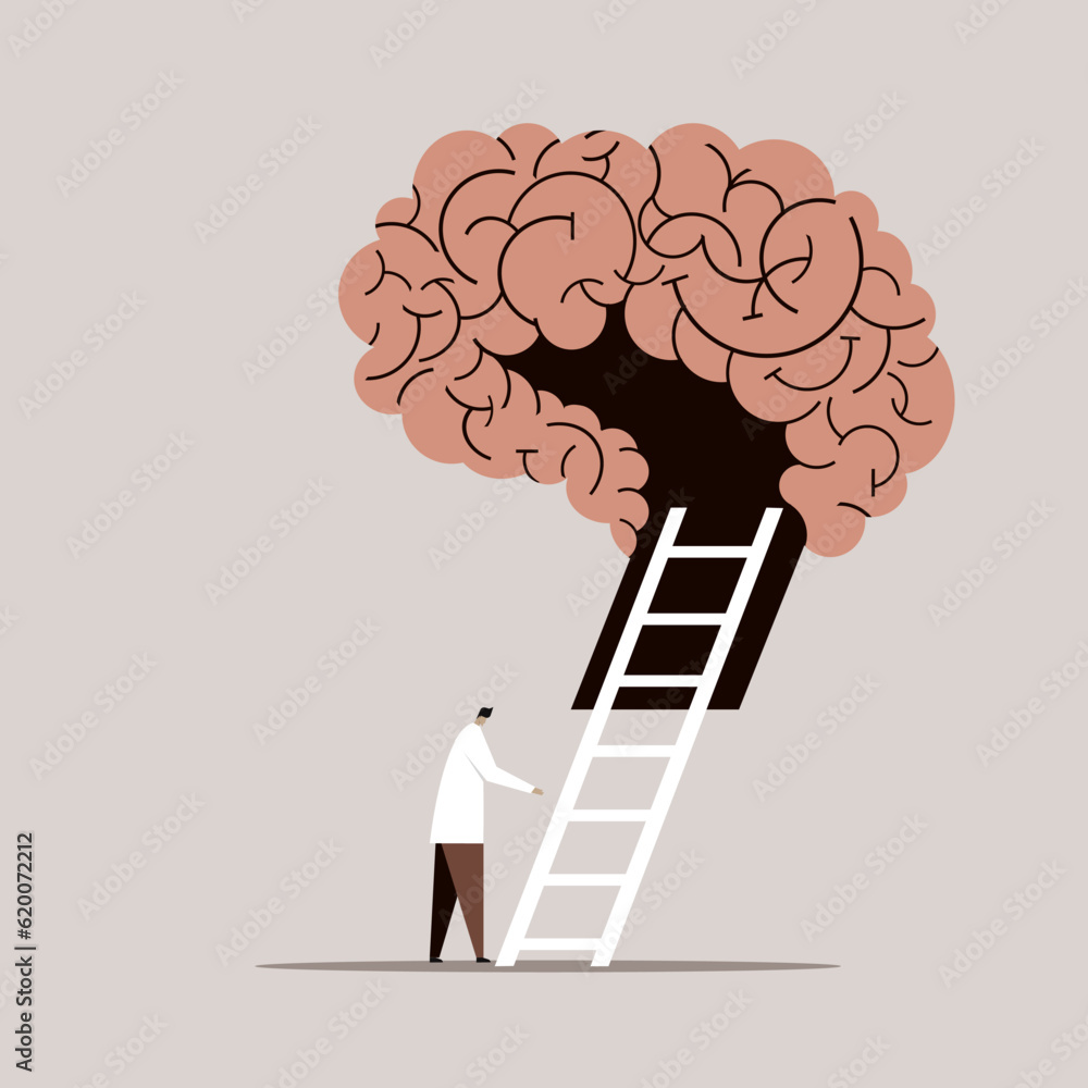 Conceptual illustration of a medical professional entering the human brain with the help of a ladder - obrazy, fototapety, plakaty 