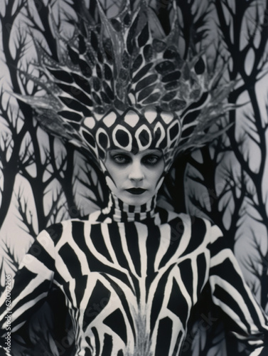 Portrait of a woman in op art style with strong black and white patterns, empress 