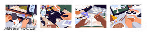 Hands at desk during creative work, hobby set. Creating, writing, streaming, gaming, watching at freelancers tables with food, tea cup, computer, 3d pen. Creativity concept. Flat vector illustrations