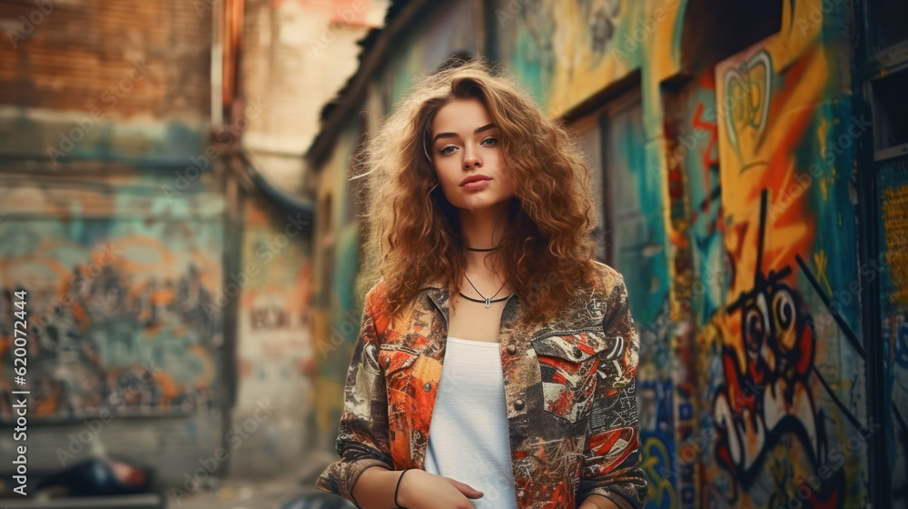 Young beautiful woman looking at the camera. The background is old buildings with graffiti on the wall