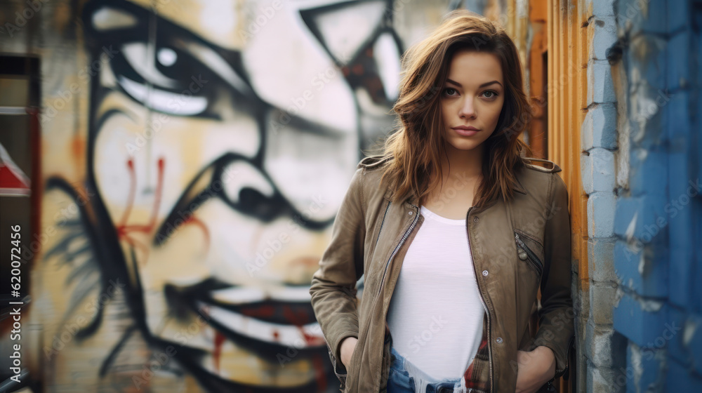 Naklejka premium Young beautiful woman looking at the camera. The background is old buildings with graffiti on the wall
