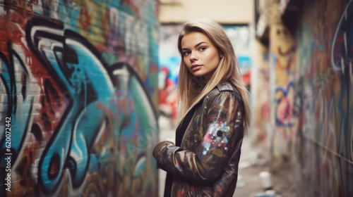 Young beautiful woman looking at the camera. The background is old buildings with graffiti on the wall