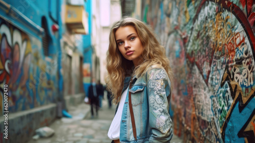 Young beautiful woman looking at the camera. The background is old buildings with graffiti on the wall © tashechka