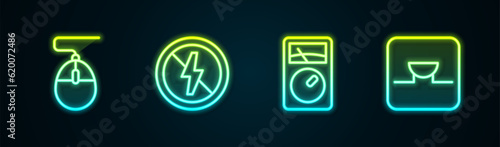 Set line Computer mouse, No lightning, Ampere meter, multimeter and Buzzer electronic circuit. Glowing neon icon. Vector