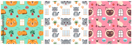 Set of Cats Animals Seamless Pattern Design with Cat Element in Template Hand Drawn Cartoon Flat Illustration