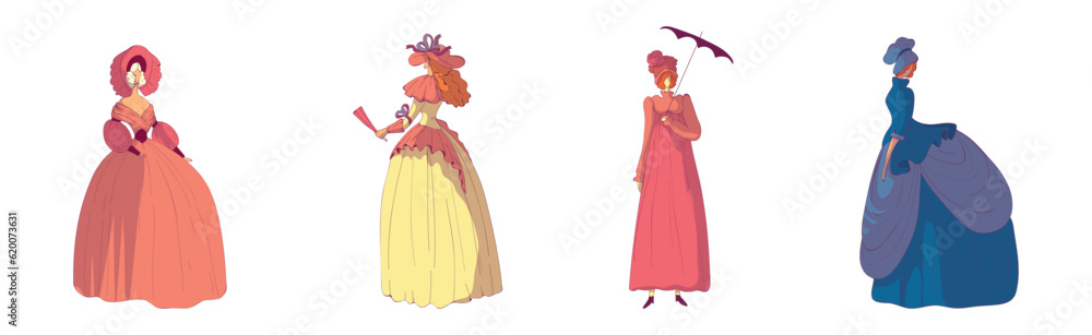 Madam Woman in Standing Pose Wearing Old-fashioned Dress or Ball Gown Vector Set Madam Woman in Standing Pose Wearing Old-fashioned Dress or Ball Gown Vector Set