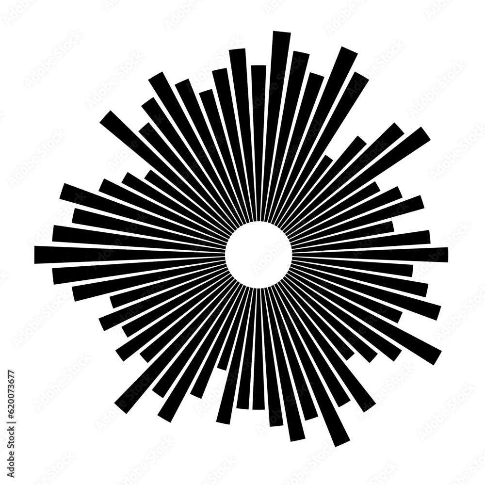 Radial burst lines. Design element. Abstract geometric shape. Black and white colors sunburst. Vector illustration.