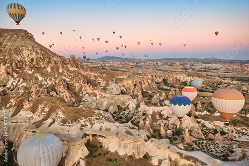Balloons in rose valley, Cappadocia. Flights in Goreme. Turkey © h368k742