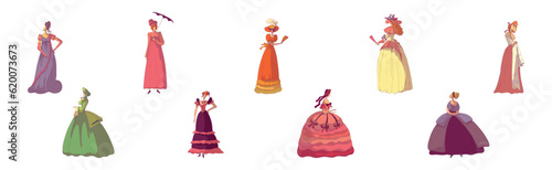 Madam Woman in Standing Pose Wearing Old-fashioned Dress or Ball Gown Vector Set