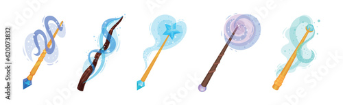 Fotografia Magic Wands with Fairy Dust and Glow Swirling Around Vector Set