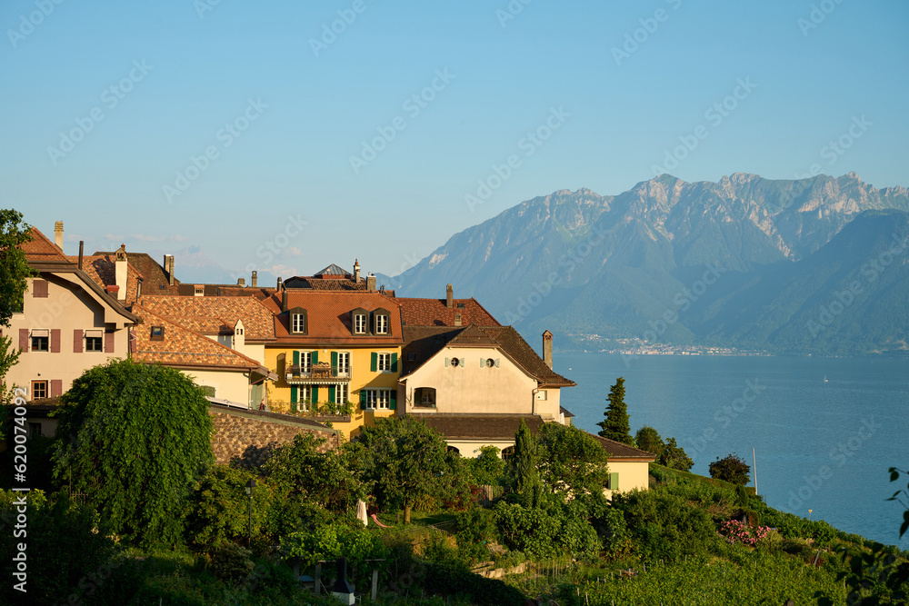 Village by lake and mountains in Switzerland near Lausanne