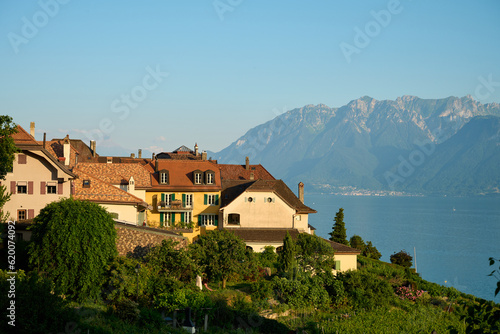 Village by lake and mountains in Switzerland near Lausanne