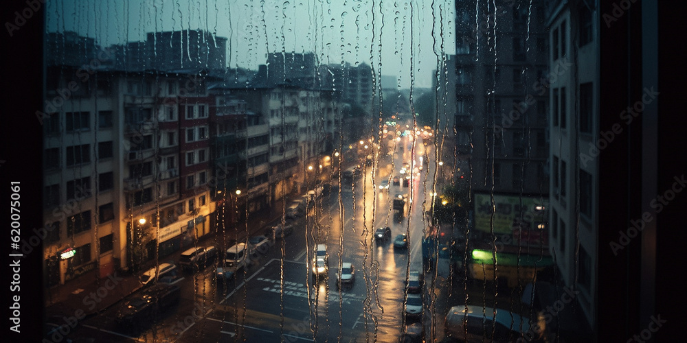 Rain, window and water drops from city building view. Ai generated glass and storm in urban street Rain, window and water drops from city building view. Ai generated glass and storm in urban street