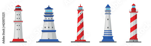 Lighthouse Tower Serving as Navigational Aid on Sea Vector Set