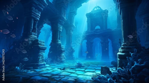 atlantis underwater scene, magic blue ocean with ancient temple ruins, deep blue sea with mysterious lights, generative ai