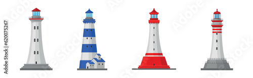 Lighthouse Tower Serving as Navigational Aid on Sea Vector Set
