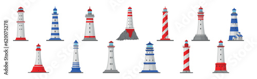 Lighthouse Tower Serving as Navigational Aid on Sea Vector Set