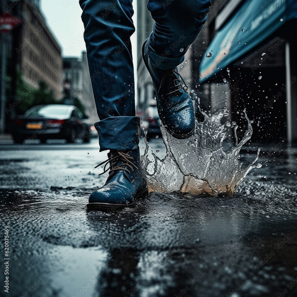 Rain, walking boots and and water splash in city street. Ai generated shoes of person in urban storm Rain, walking boots and and water splash in city street. Ai generated shoes of person in urban storm