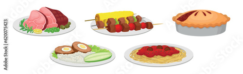 Different Food and Tasty Dish Served on Plate Vector Set