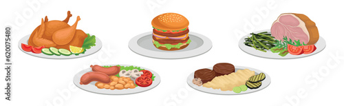 Different Food and Tasty Dish Served on Plate Vector Set