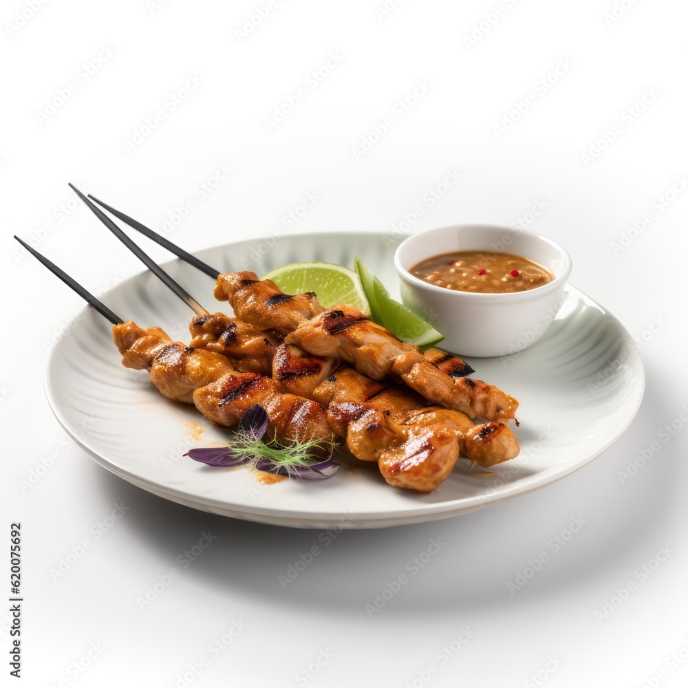 a plate of chicken satay on white background for food photography generative ai a plate of chicken satay on white background for food photography generative ai