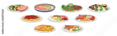 Different Food and Tasty Dish Served on Plate Vector Set
