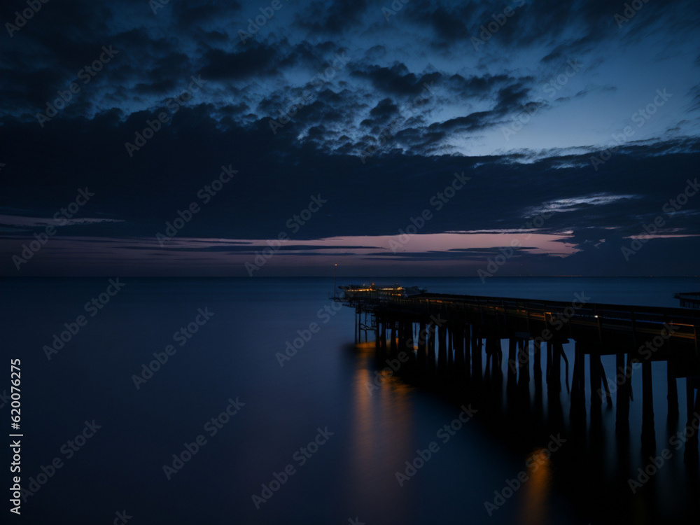 Beautiful seascape with pier at sunset. Long exposure.