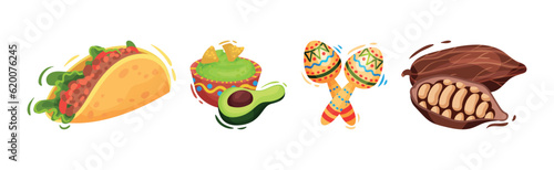Mexican Symbols and Attribute with Tortilla, Guacamole, Maraca and Cocoa Bean Pod Vector Set