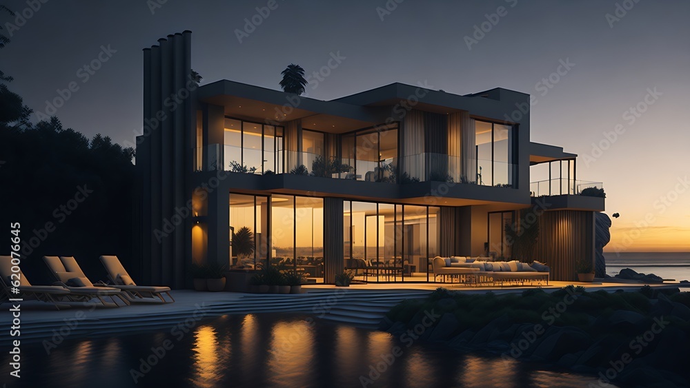 Sea view beautiful and luxurious modern house. Ai generated Sea view beautiful and luxurious modern house. Ai generated