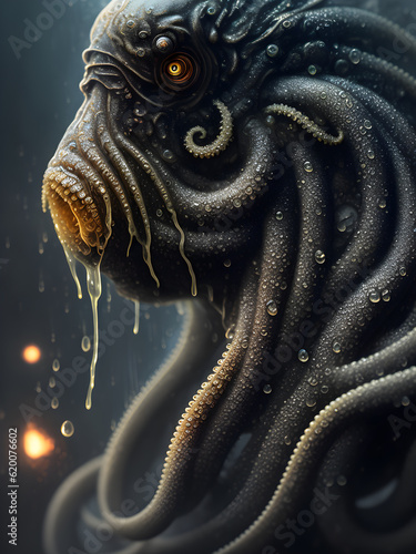 Alien Monster with Robotic Eyes and An Abundance of Tentacles. With drool ominously dripping from the face. Combination of dark ambiance, and futuristic elements.