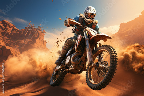 enduro motorcycles racing in a desert with dunes , ai generative