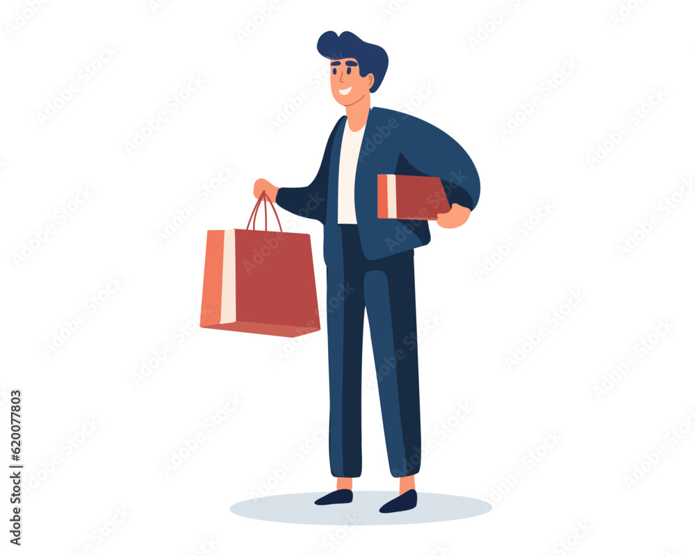 Happy male customer, shopper or shopaholic with shopping bags and gift boxes. The concept of shopping, retail, sale, goods, consumption, Black Friday, vector illustration. Happy male customer, shopper or shopaholic with shopping bags and gift boxes. The concept of shopping, retail, sale, goods, consumption, Black Friday, vector illustration.