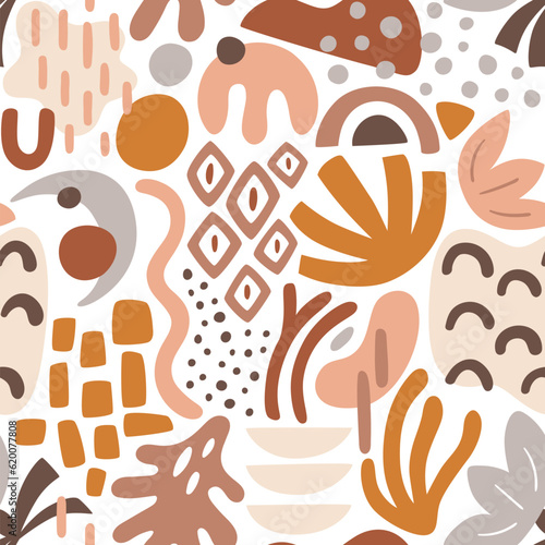 Abstract shapes seamless pattern. Boho organic shapes with warm color palette. Square repeat pattern design. Vector illustration.