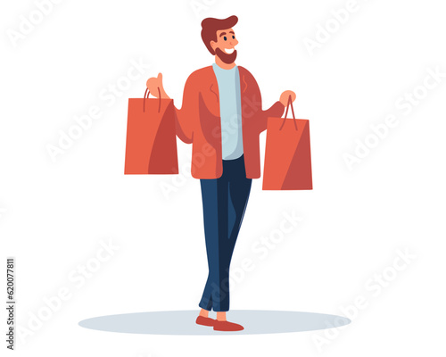 Full body size view of him he is a nice attractive cheerful cheerful guy carrying new things, packages of clothes, vector illustration