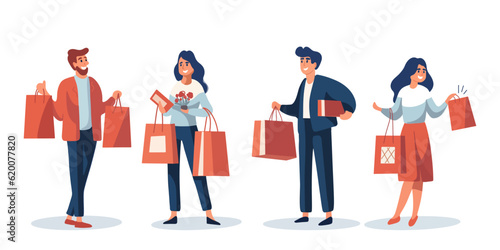 Set of Happy men and women, with bags, gifts after shopping. Shopping mall discount concept, black friday sale, vector illustration