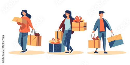 Set of happy men and women, with bags, gifts after shopping. Shopping mall discount concept, black friday sale, vector illustration