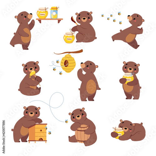 Cute Bear Character Engaged in Different Activity Vector Set