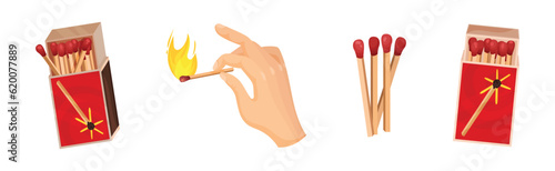 Matchbox and Match as Small Wooden Stick for Starting Fire Vector Set