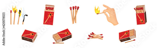 Matchbox and Match as Small Wooden Stick for Starting Fire Vector Set