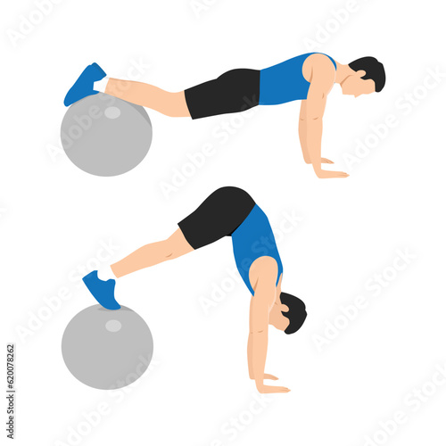 Man doing swiss ball plank to pike push up, core exercise. Flat vector illustration isolated on white background