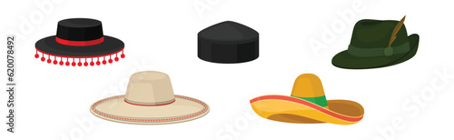 Various National Headdress and Hat as Ethnic Head Cover Vector Set