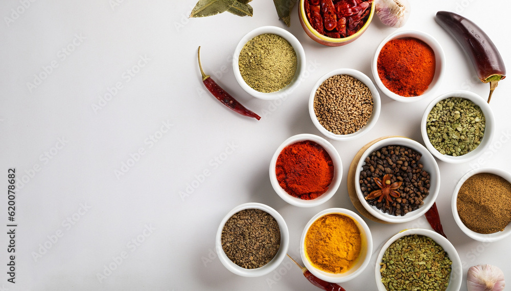 Various spices in a bowls on white background. Top view with copy space. Various spices in a bowls on white background. Top view with copy space.