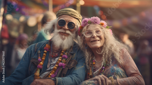 Elderly happy hippie couple 