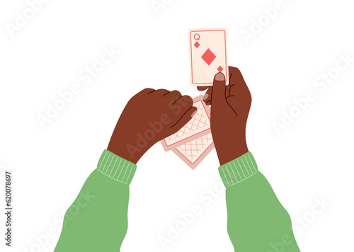 Vector isolated male hands holding playing cards, the concept of the board logic game poker, flat style.