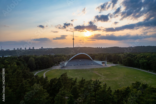 Fototapeta Naklejka Na Ścianę i Meble -  Aerial summer sunny sunset view of beautiful Vingis park in Vilnius, Lithuania